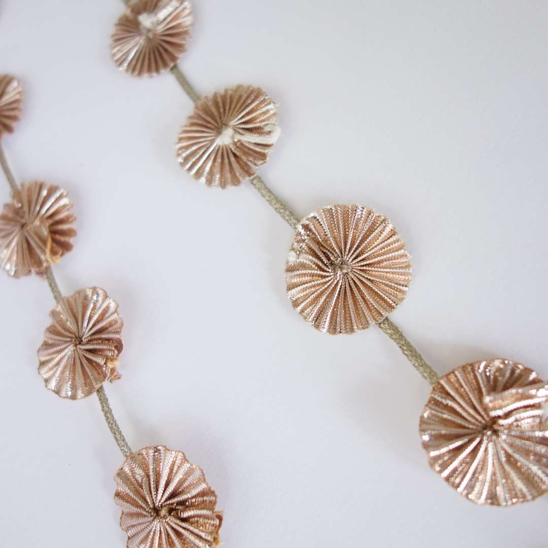 Detail image of rose gold gota appliques on metallic garland thread